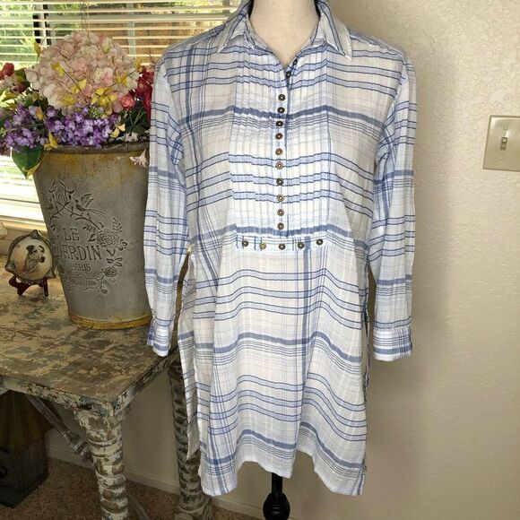 Anthropologie Pilcro & the Letterpress Blue & White Pld Tunic Top Boho, Coastal - Picture 4 of 16